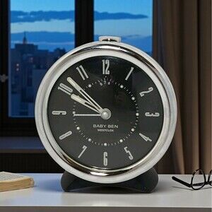 Westclox Baby Ben Wind Up Alarm Clock Black Face Chrome Trim Vintage Works Glow